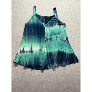 Monnuro Womens 2X Tie Dye Cami Tank Top Green Blue Button Front Rayon Blend